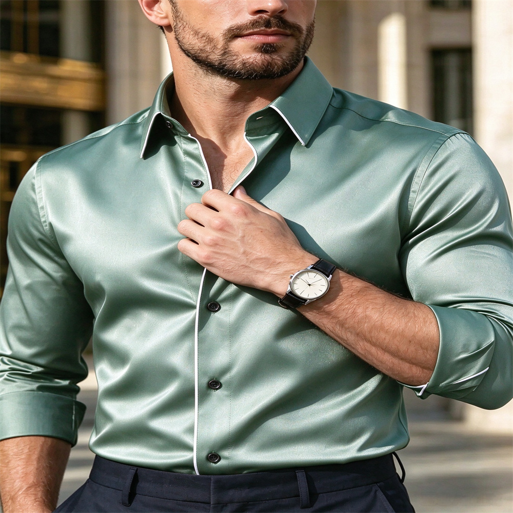 Mens Satin Silk Dress Shirt - Herren Slim Fit Satin Langarmhemd, Formelles